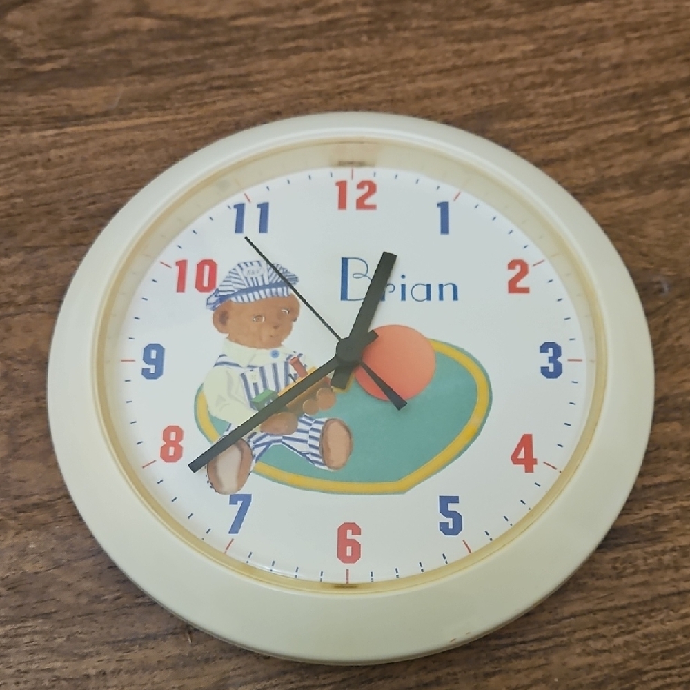 Children's Cute Bear Wall Clock with Colorful Numbers name Brian on face